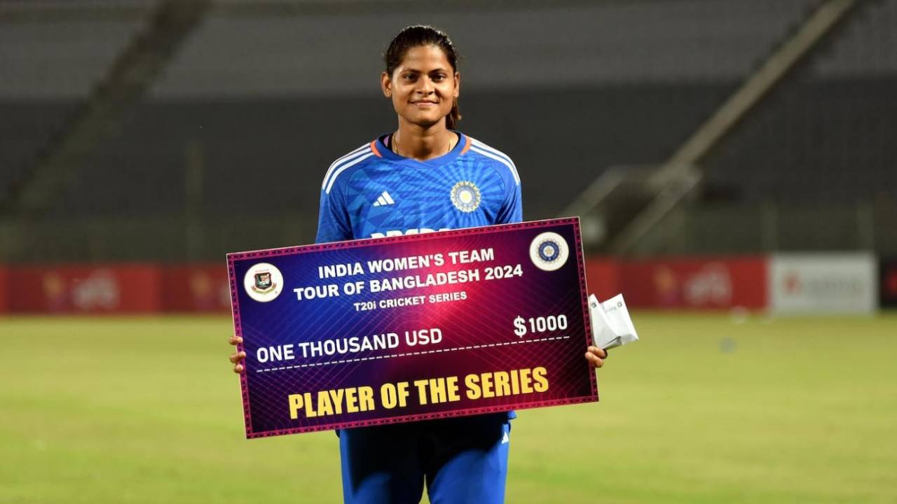 Radha Yadav won the big individual prize for her ten wickets in the series, Bangladesh vs India, 5th women's T20I, Sylhet, May 9, 2024 