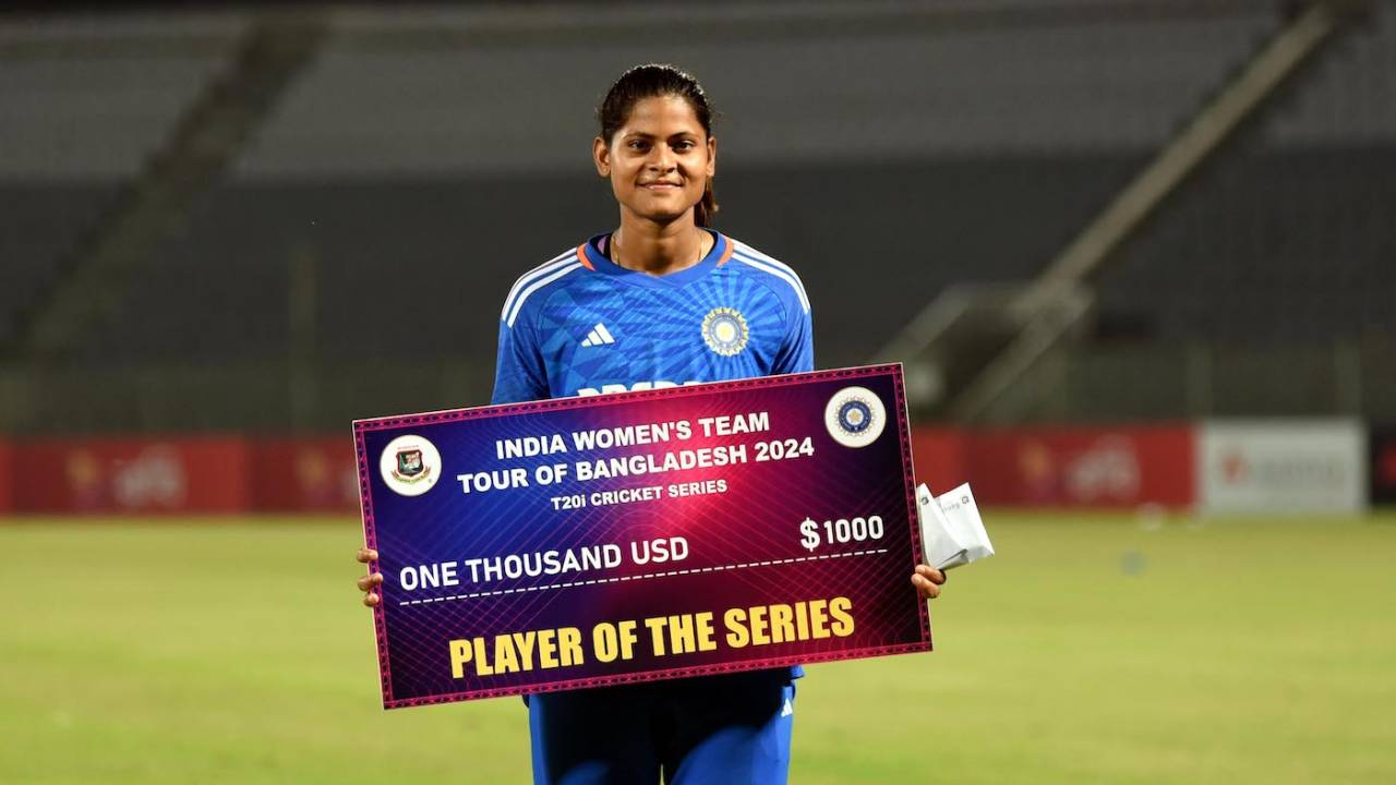 Radha Yadav won the big individual prize for her ten wickets in the series, Bangladesh vs India, 5th women's T20I, Sylhet, May 9, 2024 