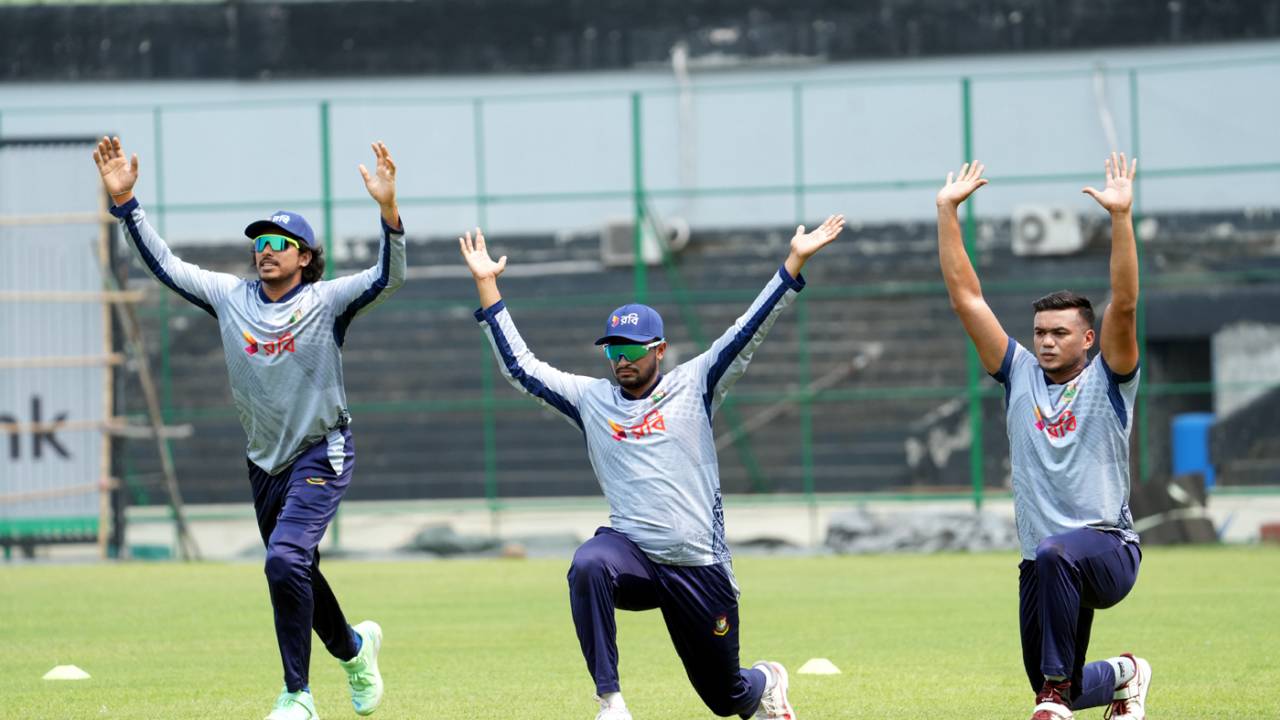 [L to R] Soumya Sarkar, Shakib Al Hasan and Taskin Ahmed train, Bangladesh vs Zimbabwe, 4th T20I, Dhaka, May 9, 2024
