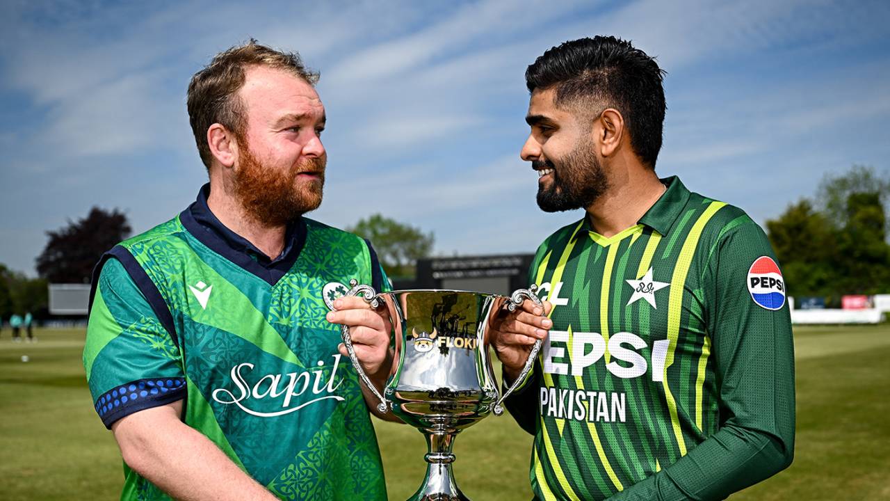 Paul Stirling and Babar Azam pose with the T20I series trophy, Ireland vs Pakistan, Clontarf, Dublin, May 9, 2024