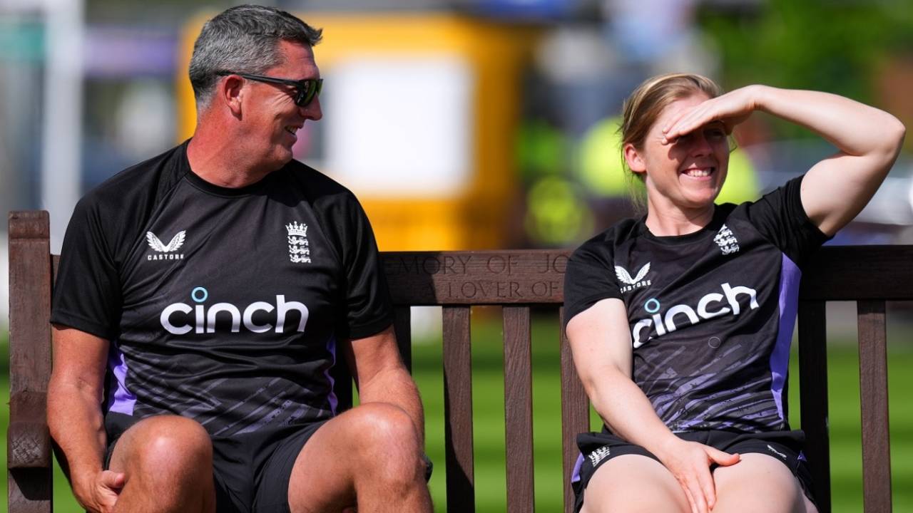 Jon Lewis and Heather Knight share a lighter moment at England training, Edgbaston, May 9, 2024