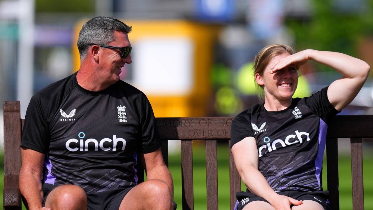 Jon Lewis and Heather Knight share a lighter moment at England training, Edgbaston, May 9, 2024