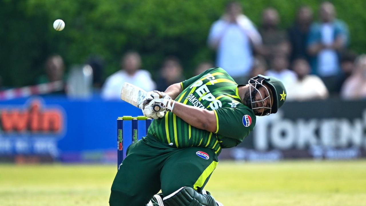 Azam Khan ducks under a bouncer, Ireland vs Pakistan, 1st men's T20I, Clontarf, Dublin, May 10, 2024