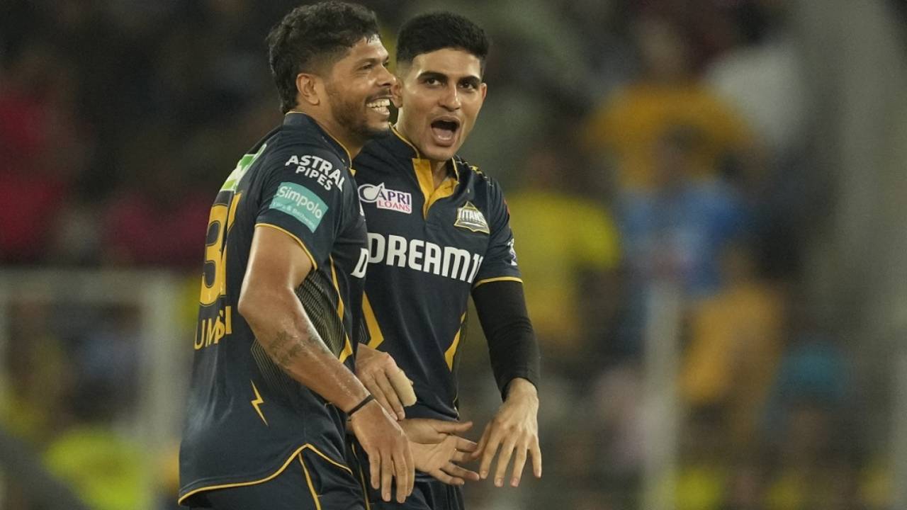 Shubman Gill and Umesh Yadav celebrate the third dismissal, Gujarat Titans vs Chennai Super Kings, IPL, Ahmedabad, May 10, 2024