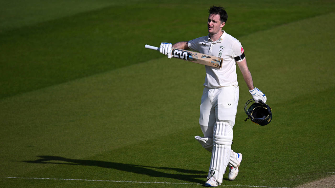 Gareth Roderick points to Josh Baker's No. 33 after reaching his hundred, Kent vs Worcestershire, County Championship, Division One, Canterbury, May 10, 2024