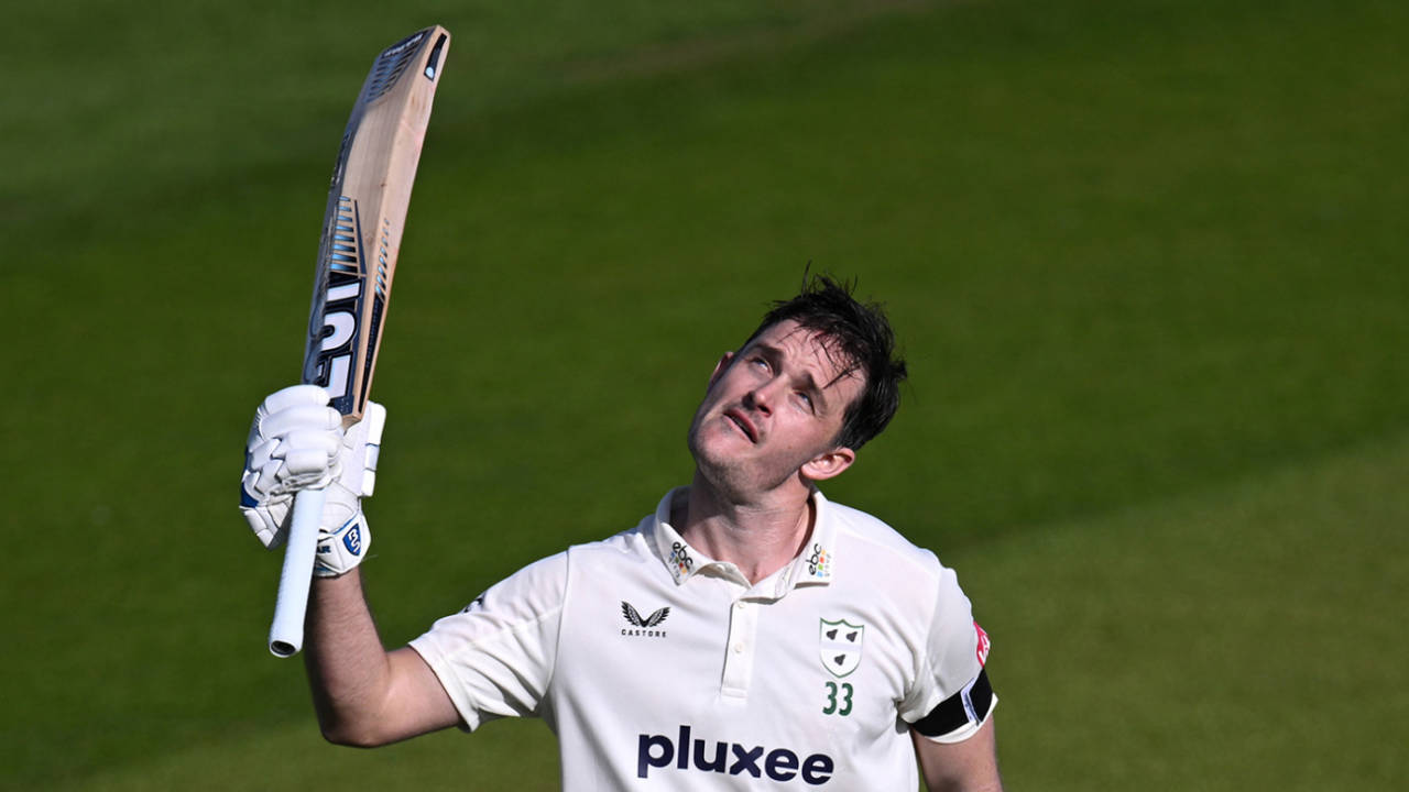Gareth Roderick looks to the sky after scoring his hundred, Kent vs Worcestershire, County Championship, Division One, Canterbury, May 10, 2024