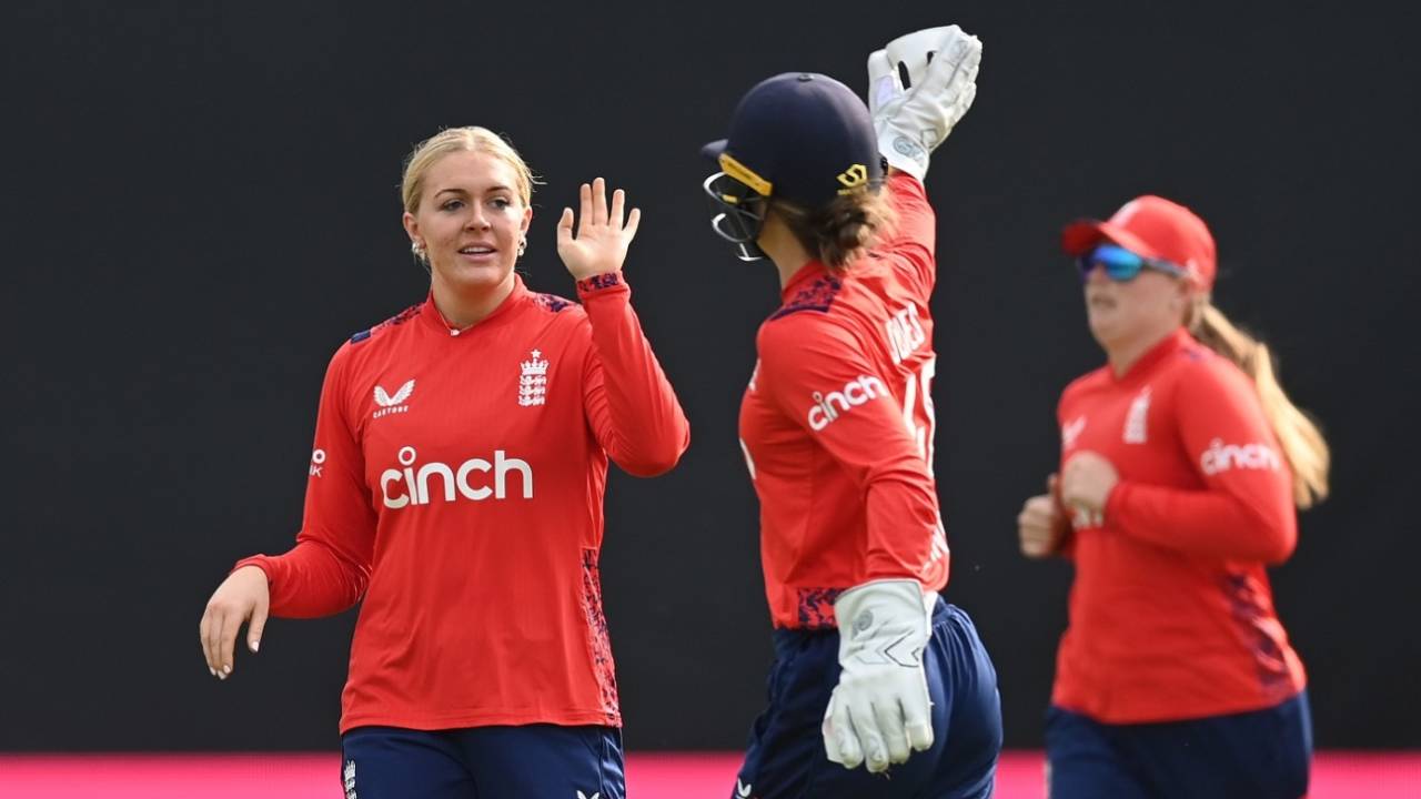 Sarah Glenn and Amy Jones celebrate Nida Dar's wicket, England vs Pakistan, 1st women's T20I, Birmingham, May 11, 2024