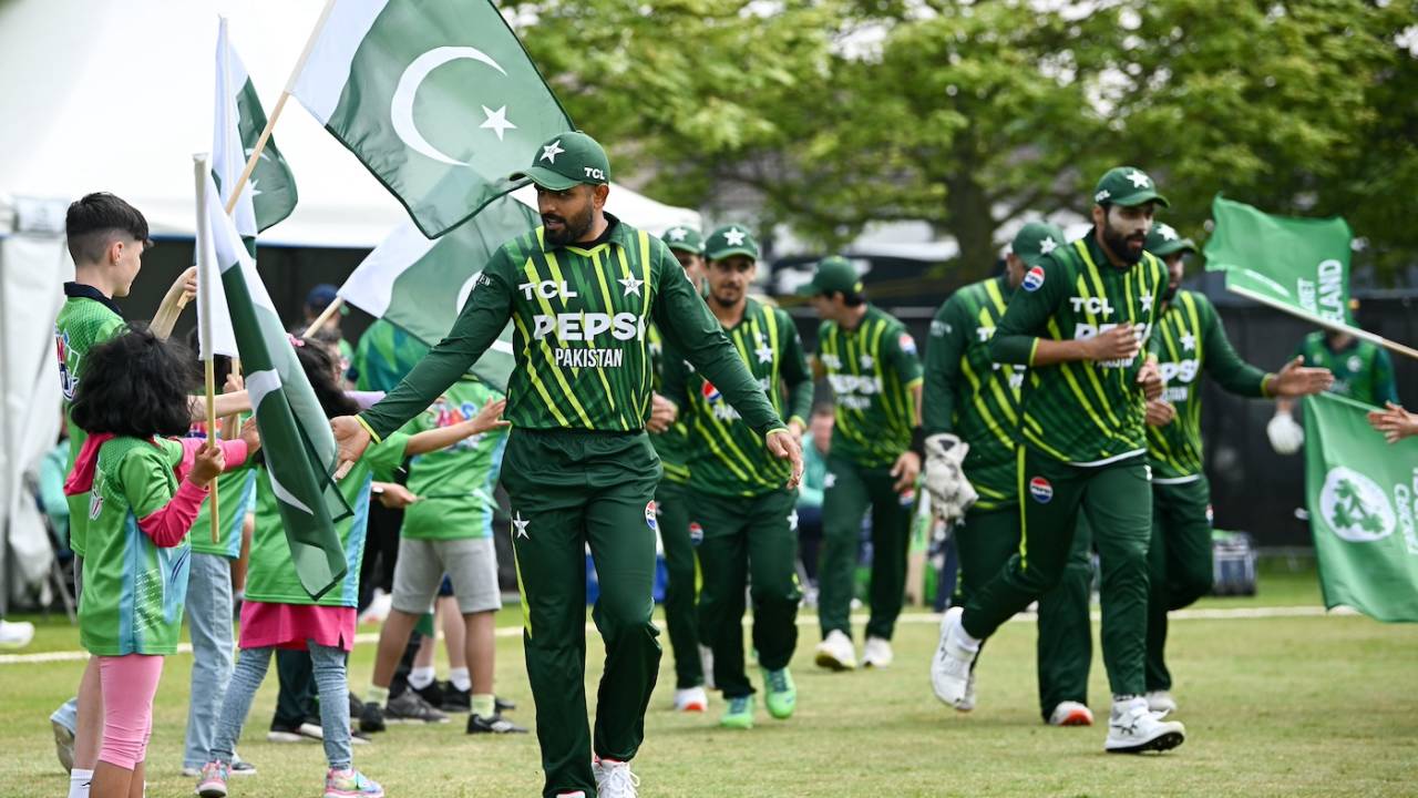 Babar Azam leads his team-mates out on to the field, Ireland vs Pakistan, 2nd T20I, Dublin, May 12, 2024