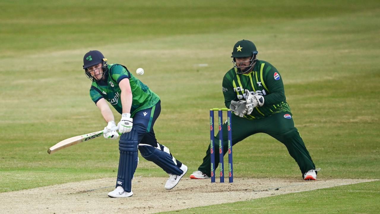 Lorcan Tucker plays the ball on the leg side, Ireland vs Pakistan, 2nd T20I, Dublin, May 12, 2024