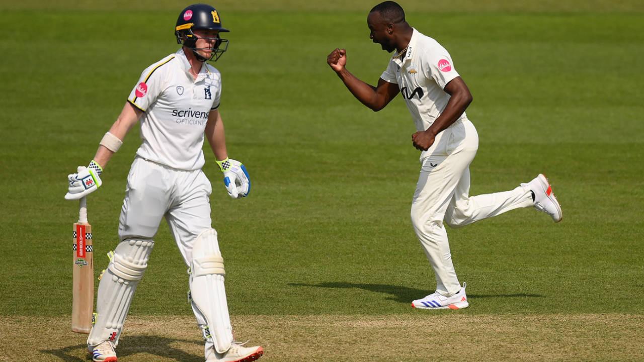 Kemar Roach celebrates taking the wicket of Dan Mousley, Surrey vs Warwickshire, County Championship, Division One, The Oval, May 12, 2024