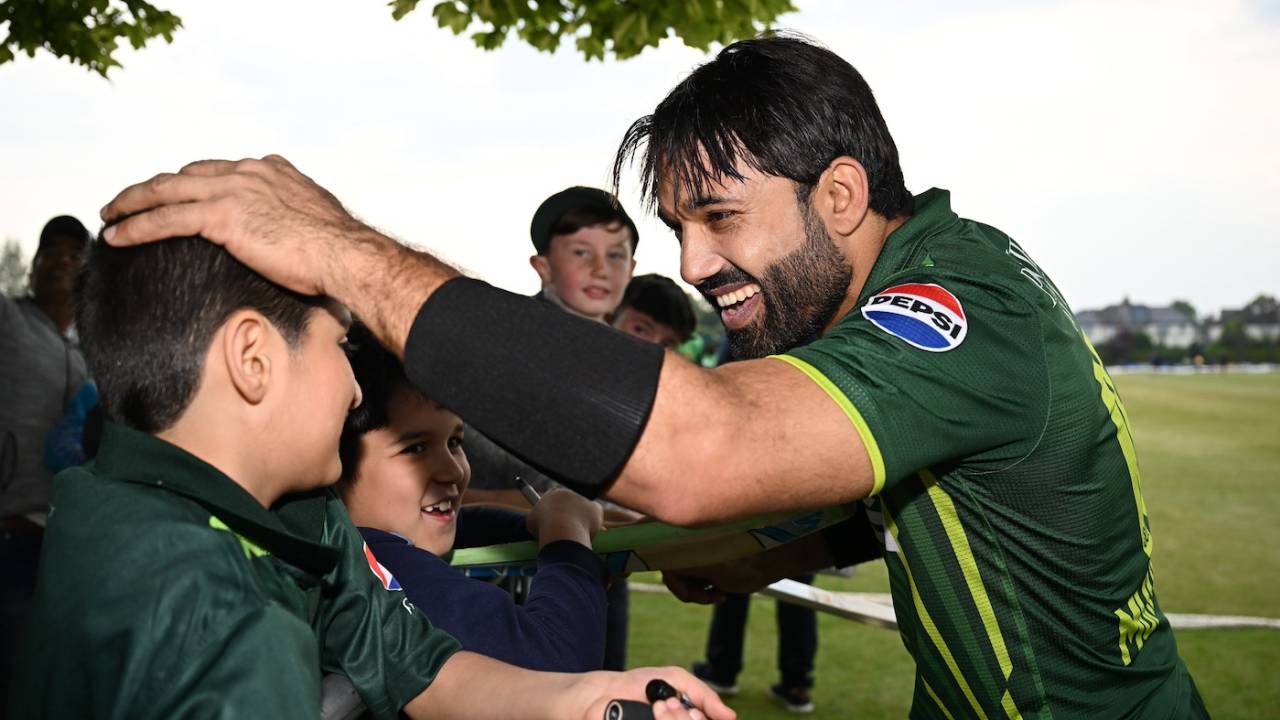 Mohammad Rizwan greets a Pakistan fan after the game, Ireland vs Pakistan, 2nd T20I, Dublin, May 12, 2024