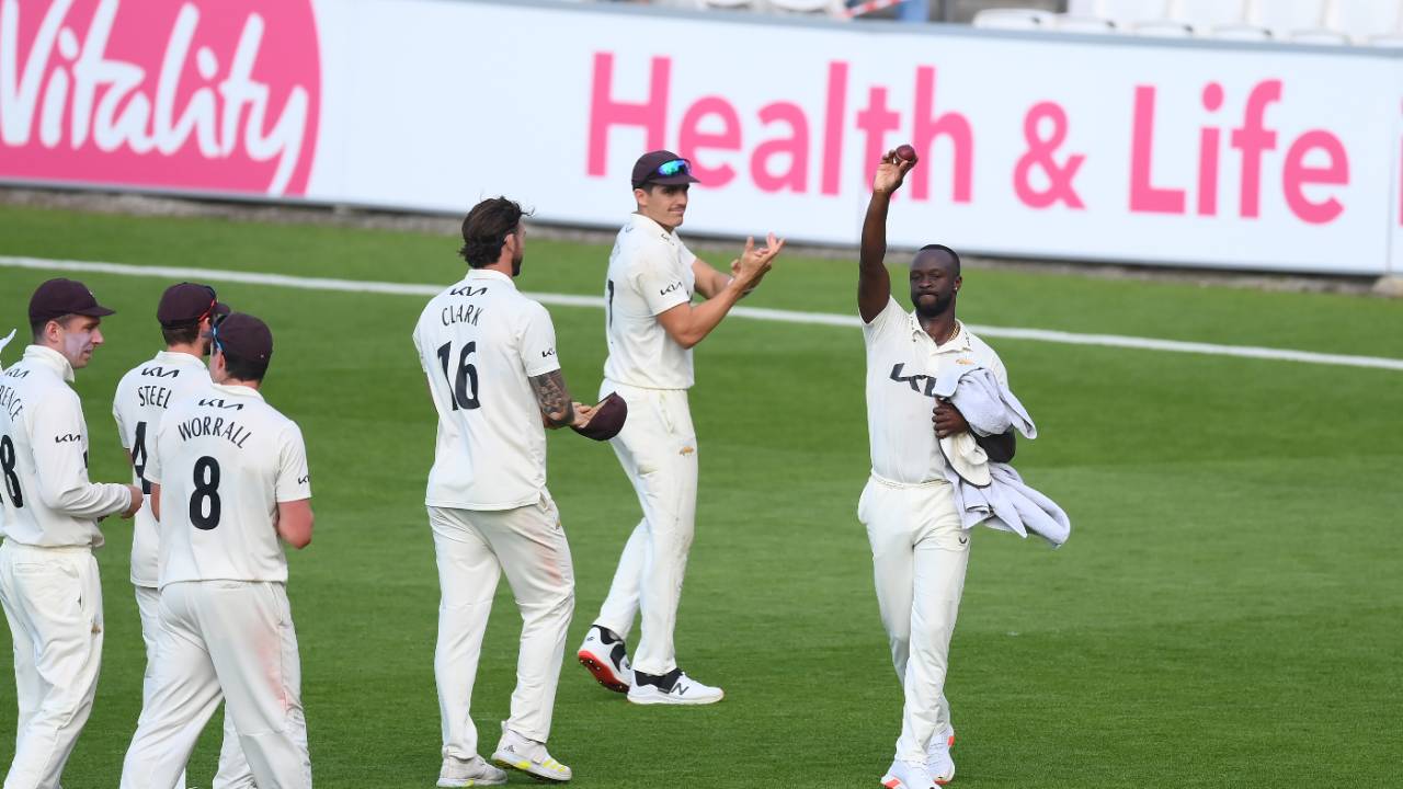 Kemar Roach salutes the crowd after his six-wicket haul against Warwickshire, Surrey vs Warwickshire, Kia Oval, County Championship, May 12, 2024