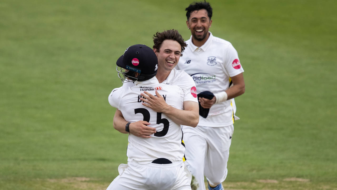 Tom Price gets a hug from James Bracey, Northamptonshire vs Gloucestershire, County Championship, Division Two, Wantage Road, May 13, 2024