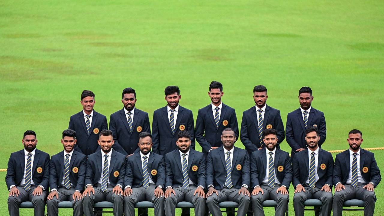 Sri Lanka's players strike a pose before heading to the USA and the Caribbean for the T20 World Cup, Colombo, May 13, 2024