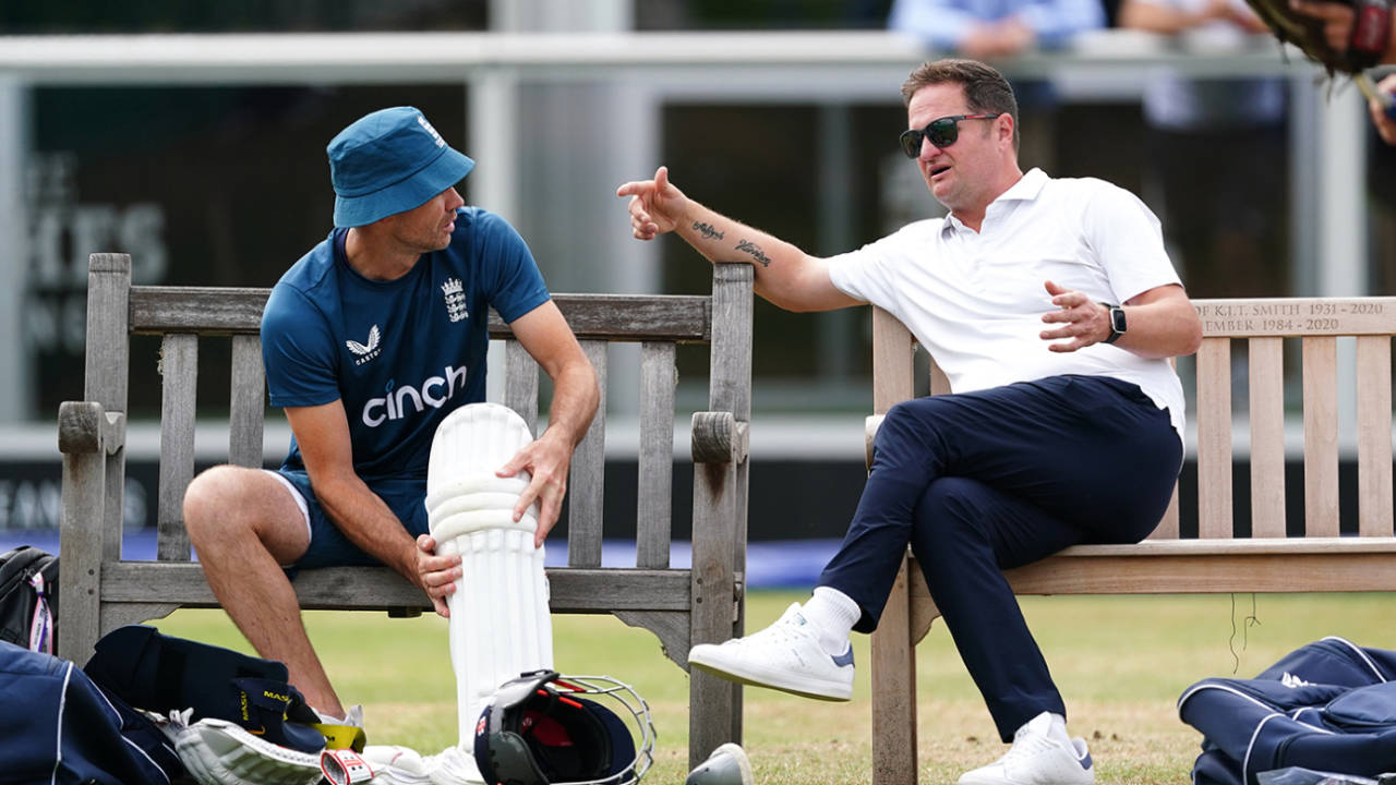 James Anderson speaks to Rob Key at England training, Lord's, June 27, 2023