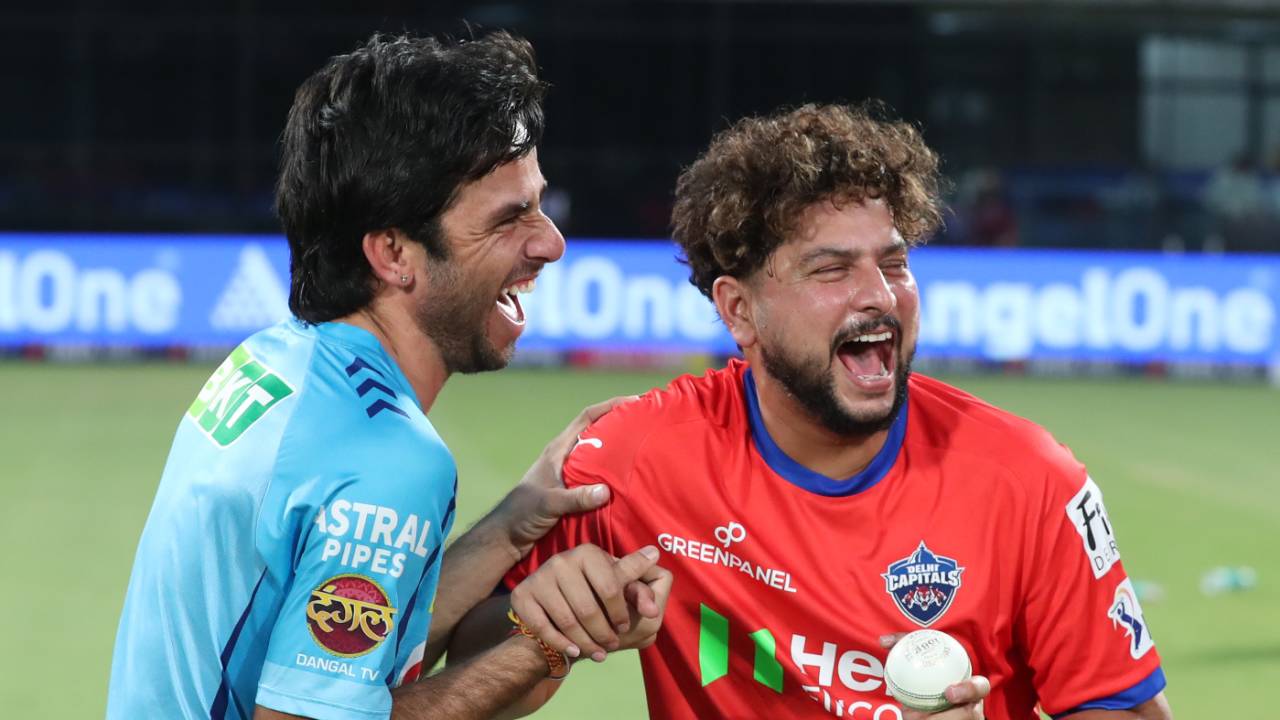 The wristspin laughing club: Ravi Bishnoi and Kuldeep Yadav share a moment, Delhi Capitals vs Lucknow Super Giants, IPL 2024, Delhi, May 14, 2024