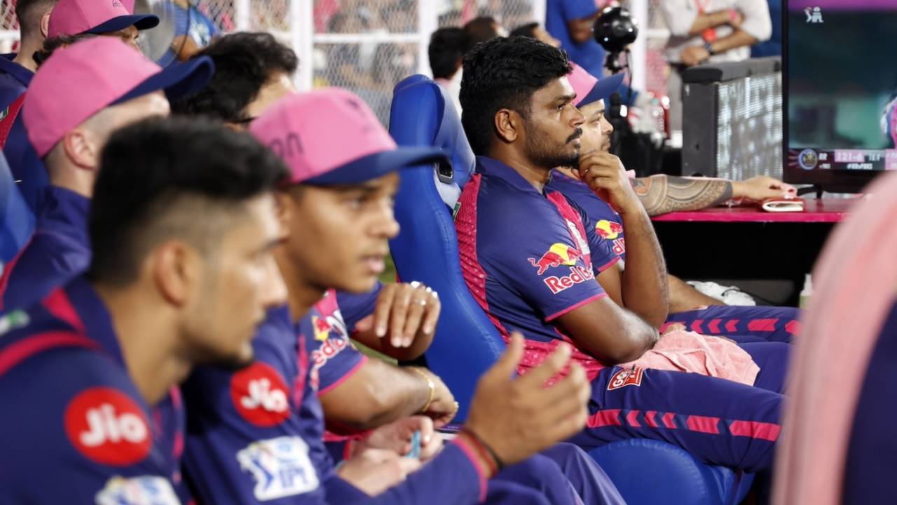 Sanju Samson watches the action from a subdued Royals dugout, Rajasthan Royals vs Punjab Kings, IPL 2024, Guwahati, May 15, 2024