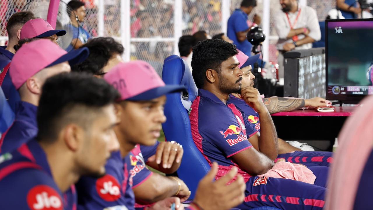 Sanju Samson watches the action from a subdued Royals dugout, Rajasthan Royals vs Punjab Kings, IPL 2024, Guwahati, May 15, 2024