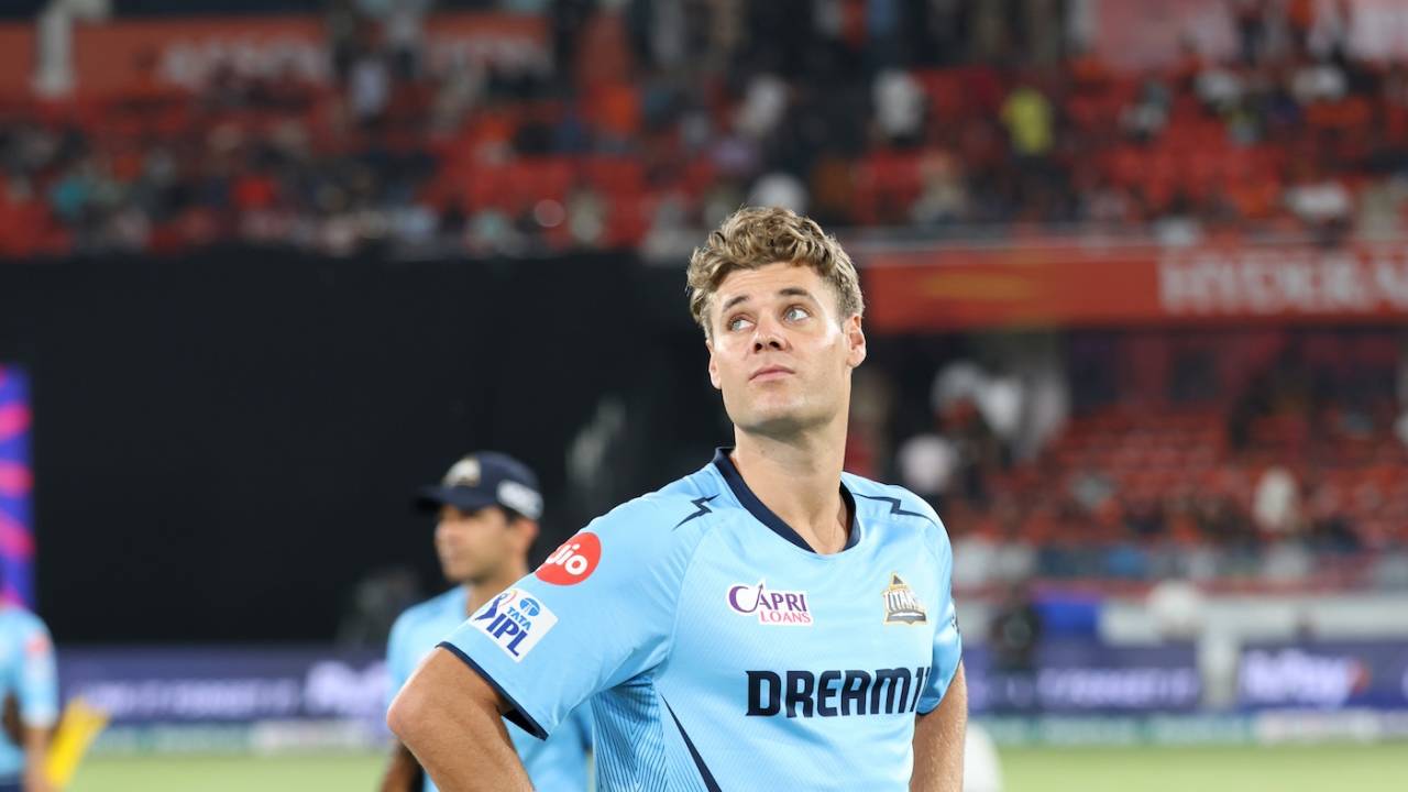 Spencer Johnson looks up at the weather on a damp evening, Sunrisers Hyderabad vs Gujarat Titans, IPL 2024, Hyderabad, May 16, 2024
