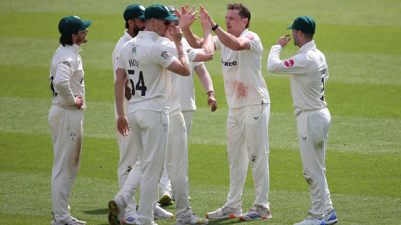 Nathan Smith celebrates the dismissal of Ollie Pope, Surrey vs Worcestershire, County Championship, The Oval, May 17, 2024