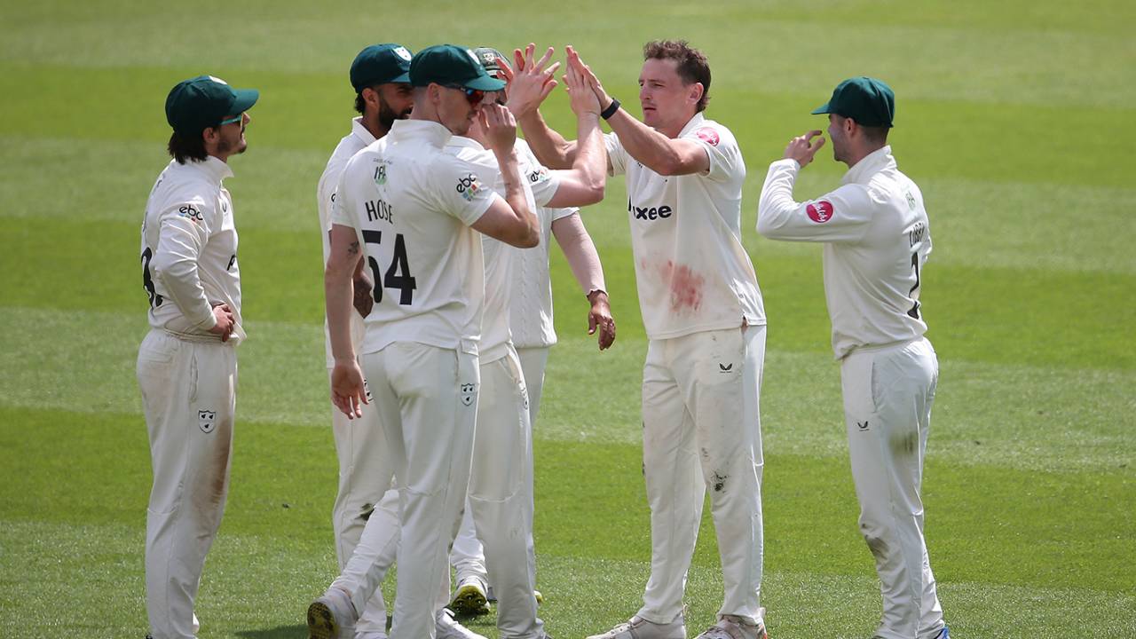 Nathan Smith celebrates the dismissal of Ollie Pope, Surrey vs Worcestershire, County Championship, The Oval, May 17, 2024