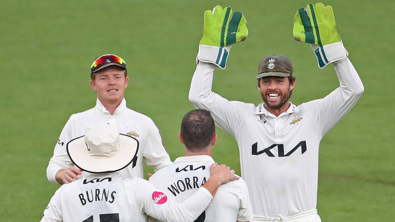Ben Foakes celebrates as Dan Worrall ripped through Worcestershire's top-order, Surrey vs Worcestershire, County Championship, The Oval, May 17, 2024