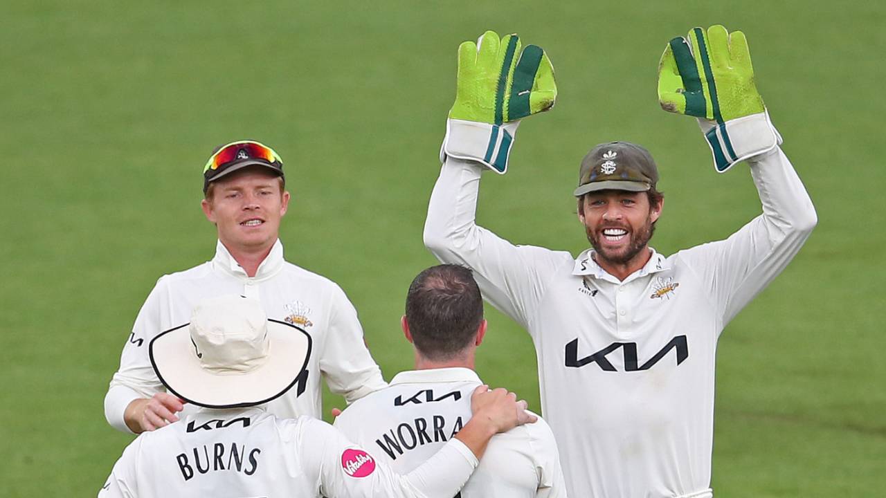 Ben Foakes celebrates as Dan Worrall ripped through Worcestershire's top-order, Surrey vs Worcestershire, County Championship, The Oval, May 17, 2024
