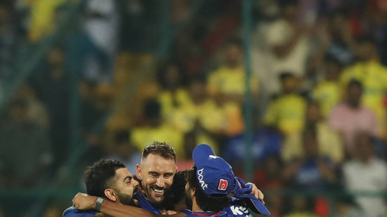 Faf du Plessis celebrates with his team-mates after RCB qualify for playoffs, Royal Challengers Bengaluru vs Chennai Super Kings, IPL 2024, Bengaluru, May 18, 2024
