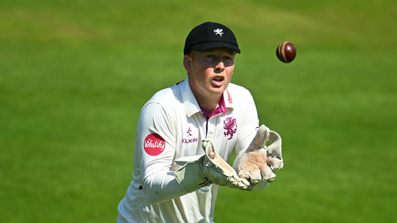 James Rew, Somerset's wicketkeeper, gathers the ball, Somerset vs Kent, County Championship, Taunton, May 19, 2024
