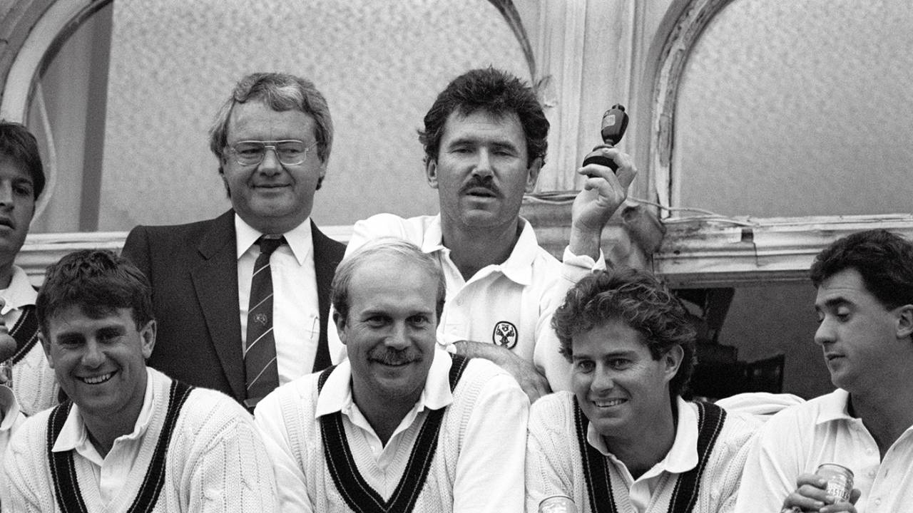 Allan Border holds the Ashes trophy while Mark Taylor, Carl Rackemann, Terry Alderman and Tim May enjoy drinks to celebrate the series win, England vs Australia, 6th Test, The Oval, 5th day, August 29, 1989
