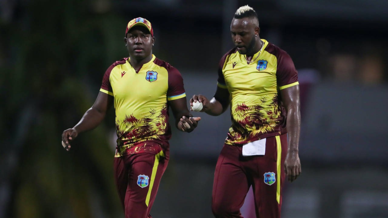 Rovman Powell and Andre Russell have a chat, West Indies vs England, 1st T20I, Bridgetown, December 12, 2023