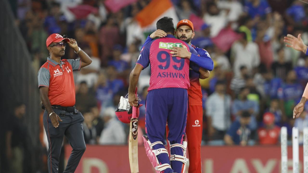 R Ashwin and Virat Kohli embrace after the game, Rajasthan Royals vs Royal Challengers Bengaluru, IPL 2024, Eliminator, Ahmedabad, May 22, 2024 