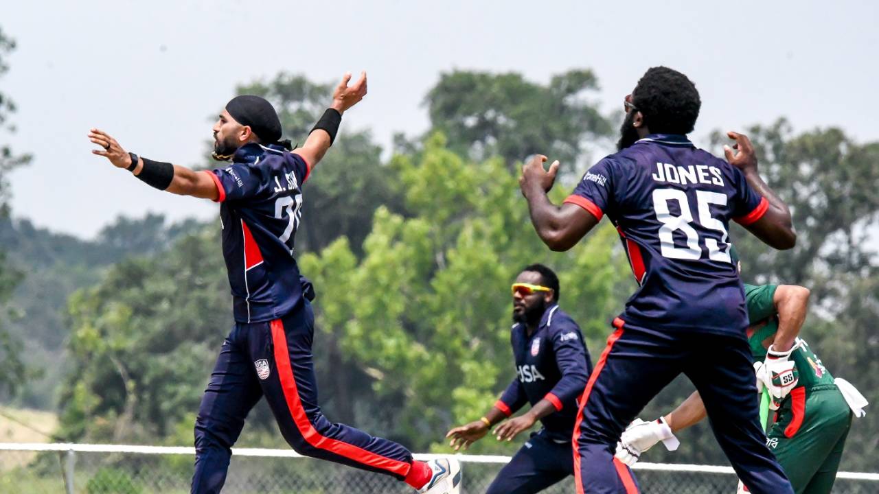 Jasdeep Singh celebrates the wicket of Tanzid Hasan, USA vs Bangladesh, 2nd T20I, Prairie View, May 23, 2024