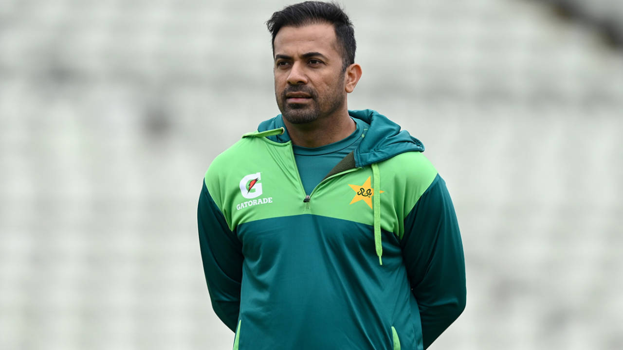 Pakistan selector Wahab Riaz watches on during training, Edgbaston, May 24, 2024