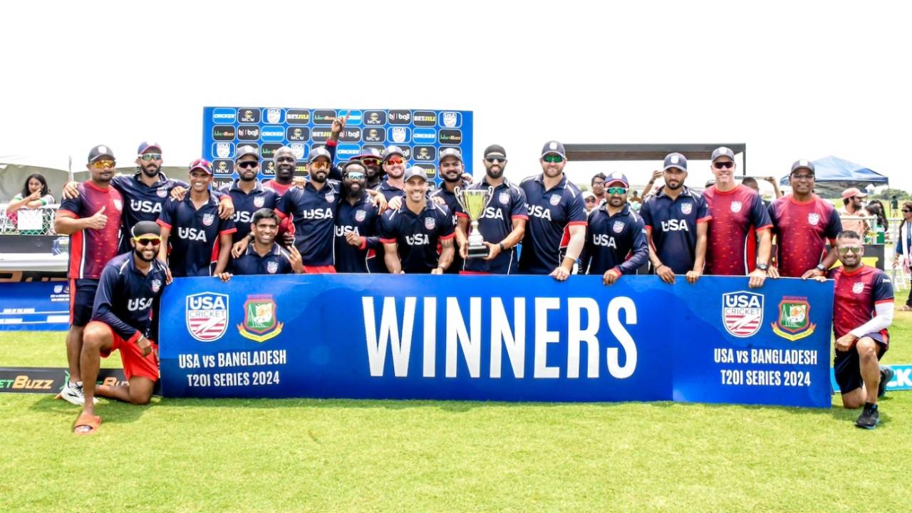 The USA team poses with the trophy after the historic series win, USA vs Bangladesh, 3rd T20I, Prairie View, May 25, 2024