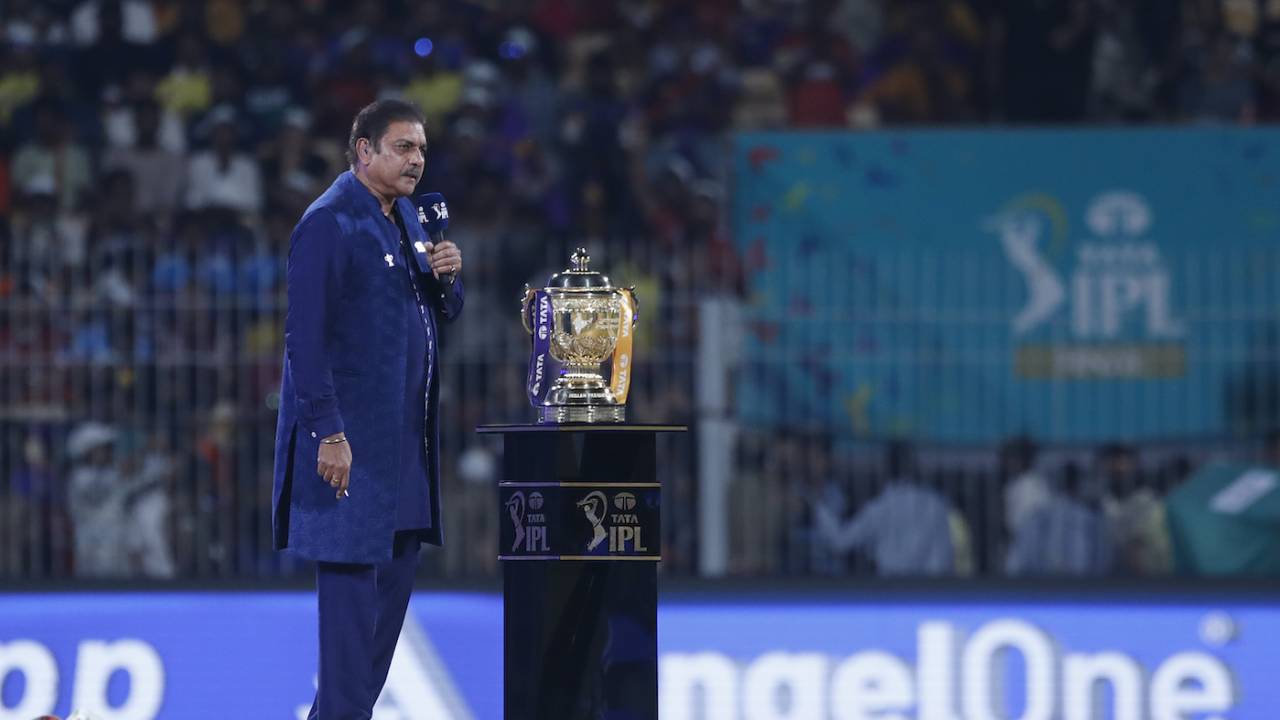 The prestigious award stands tall... and next to Ravi Shastri is the IPL trophy, Kolkata Knight Riders vs Sunrisers Hyderabad, IPL 2024 final, Chennai, May 26, 2024