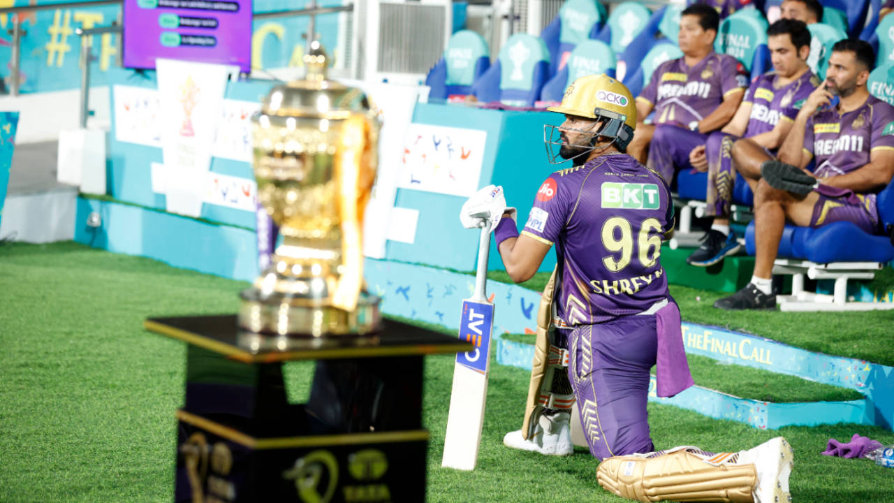 KKR's engine room in 2024: Captain Shreyas Iyer warms up for the chase, with coach Chandrakant Pandit, mentor Gautam Gambhir and assistant coach Abhishek Nayar in the dugout, Kolkata Knight Riders vs Sunrisers Hyderabad, IPL 2024, final, Chennai, May 26, 2024