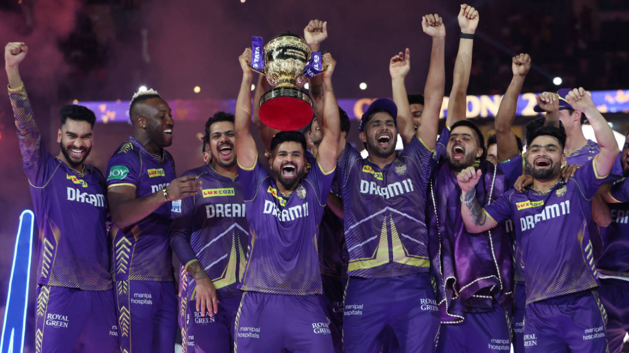 Trophy in hand, it's time for Kolkata Knight Riders' celebrations to begin, Kolkata Knight Riders vs Sunrisers Hyderabad, IPL 2024, final, Chennai, May 26, 2024