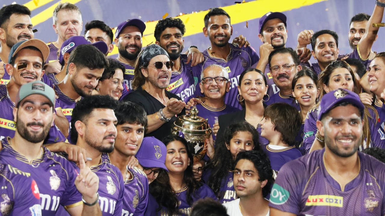 The KKR posse, including the owners Shah Rukh Khan - his family - and Juhi Chawla, celebrate their win, Kolkata Knight Riders vs Sunrisers Hyderabad, IPL 2024 final, Chennai, May 26, 2024