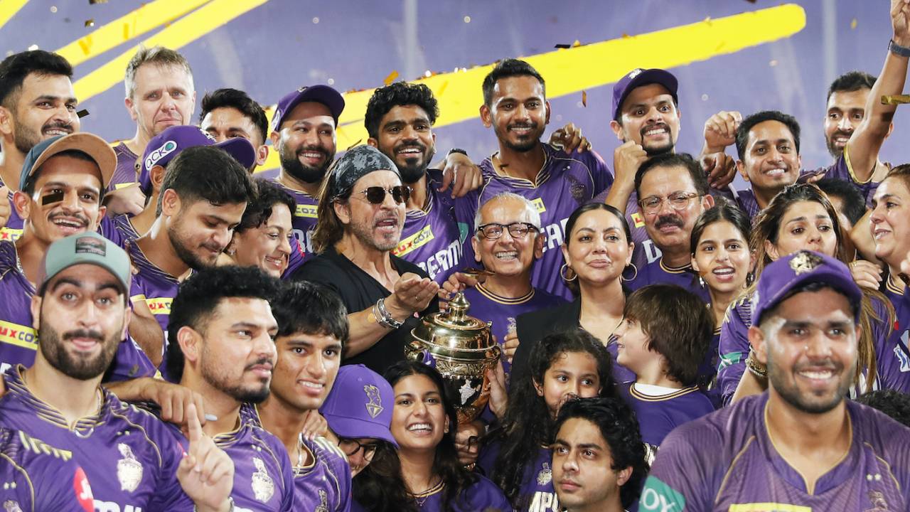 The KKR posse, including the owners Shah Rukh Khan - his family - and Juhi Chawla, celebrate their win, Kolkata Knight Riders vs Sunrisers Hyderabad, IPL 2024 final, Chennai, May 26, 2024