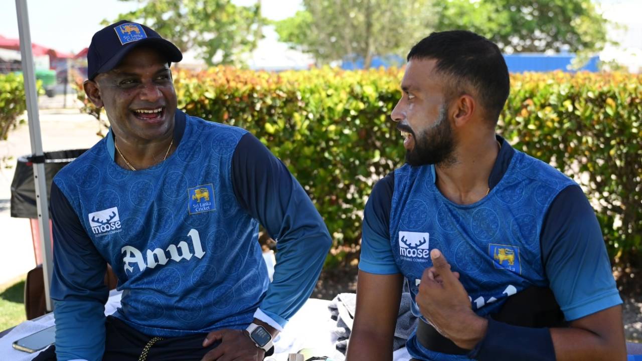 Sanath Jayasuriya has a laugh as he chats with Sadeera Samarawickrama, Lauderhill, May 26, 2024