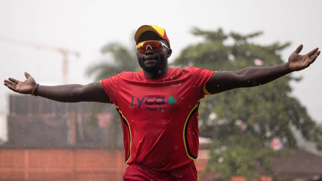 Uganda wicketkeeper-batsman Fred Achelam reacts during a practice session, Kampala, May 17, 2024