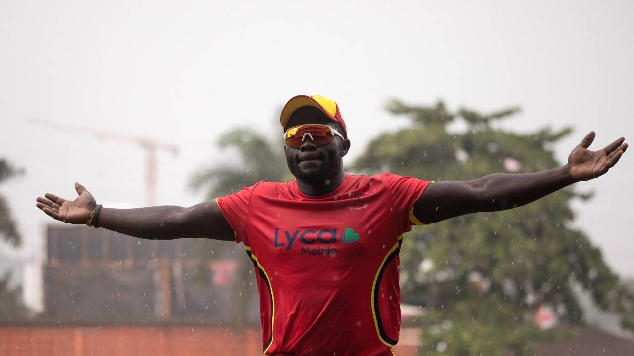 Uganda wicketkeeper-batsman Fred Achelam reacts during a practice session, Kampala, May 17, 2024