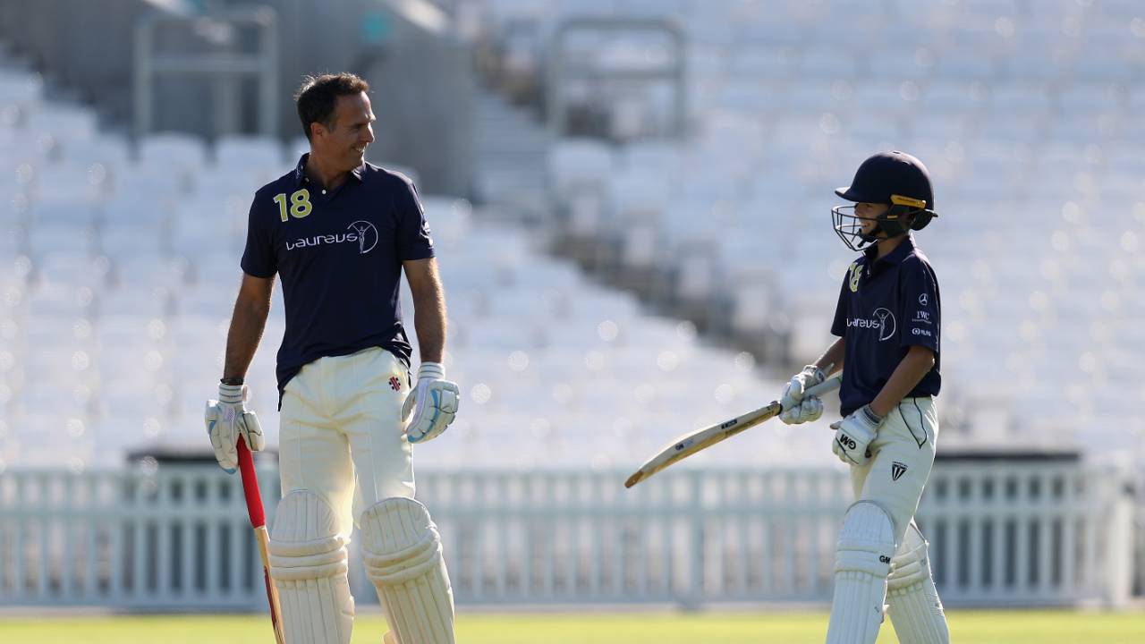 Michael and Archie Vaughan batting together at a Laureus event at The Oval, September 13, 2008