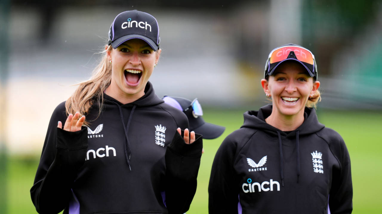 Lauren Bell and Kate Cross, England's ODI spearheads, wave for the cameras, England vs Pakistan, 3rd Women's ODI, Chelmsford, May 28, 2024