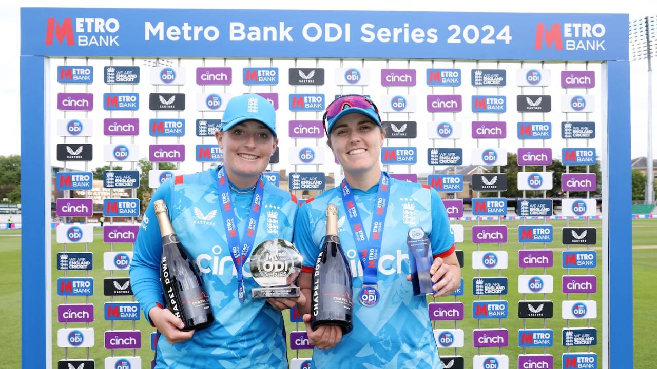 Player of the match Nat Sciver-Brunt and player of the series Sophie Ecclestone pose with their gongs, England vs Pakistan, 3rd Women's ODI, Chelmsford, May 29, 2024