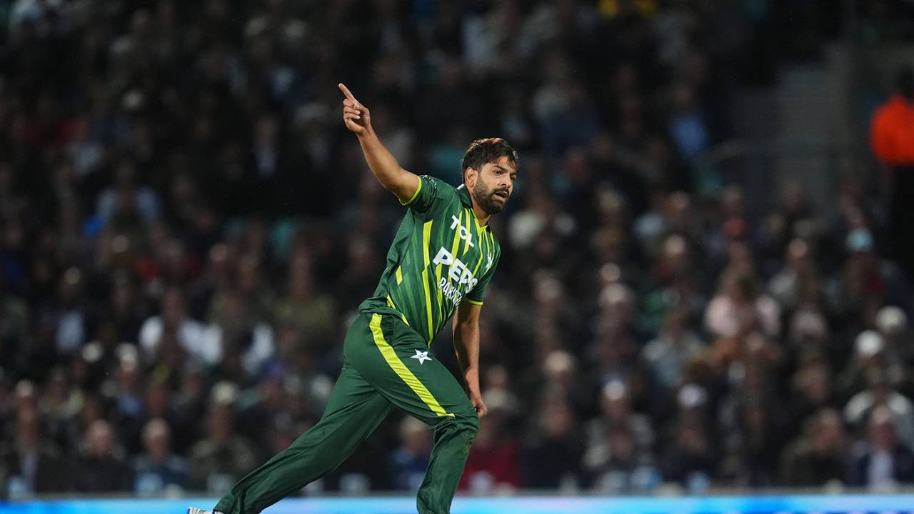 Haris Rauf wheels away after dismissing Jos Buttler, England vs Pakistan, 4th T20I, The Oval, May 30, 2024