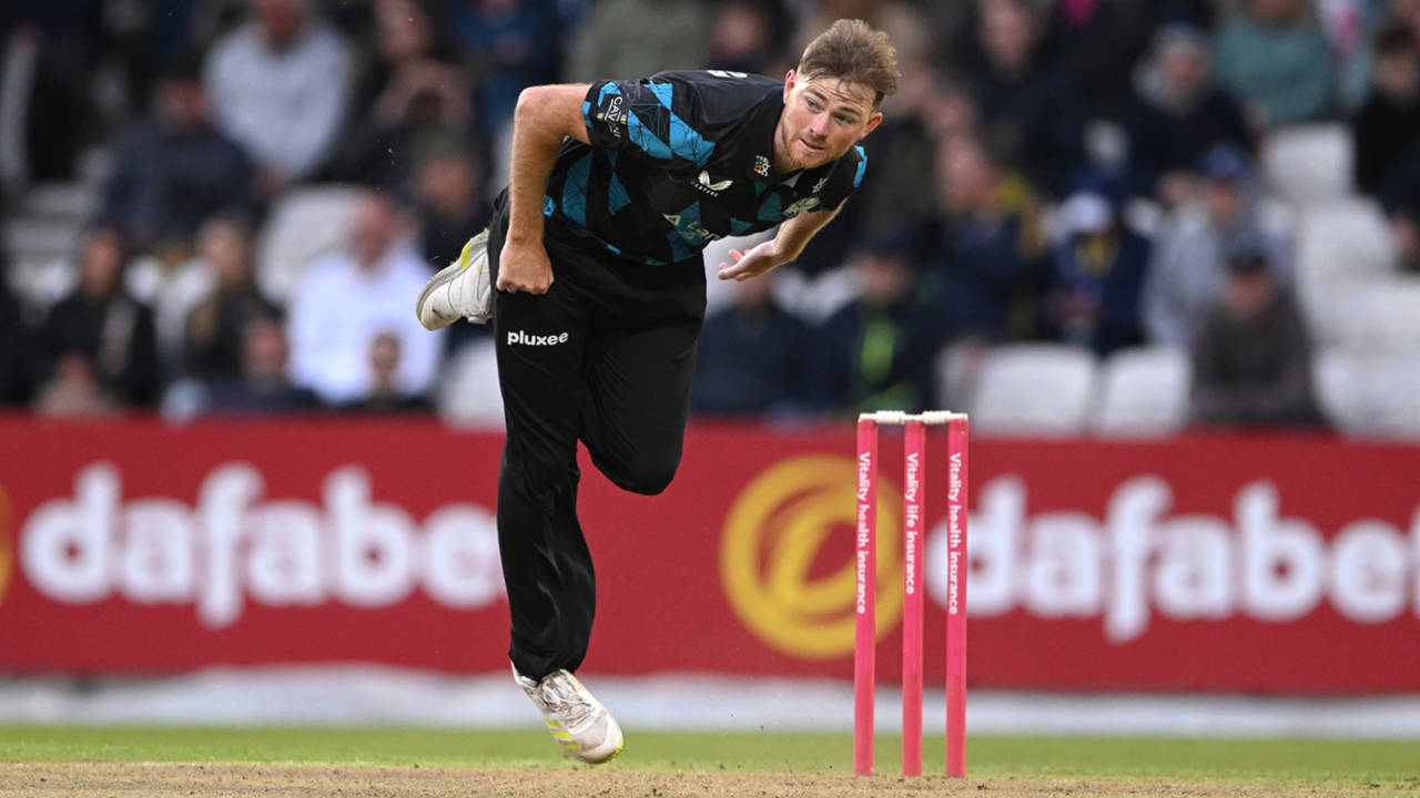Tom Taylor in his follow through, Yorkshire Vikings v Worcestershire Rapids, Vitality Blast, Headingley, May 30, 2024

