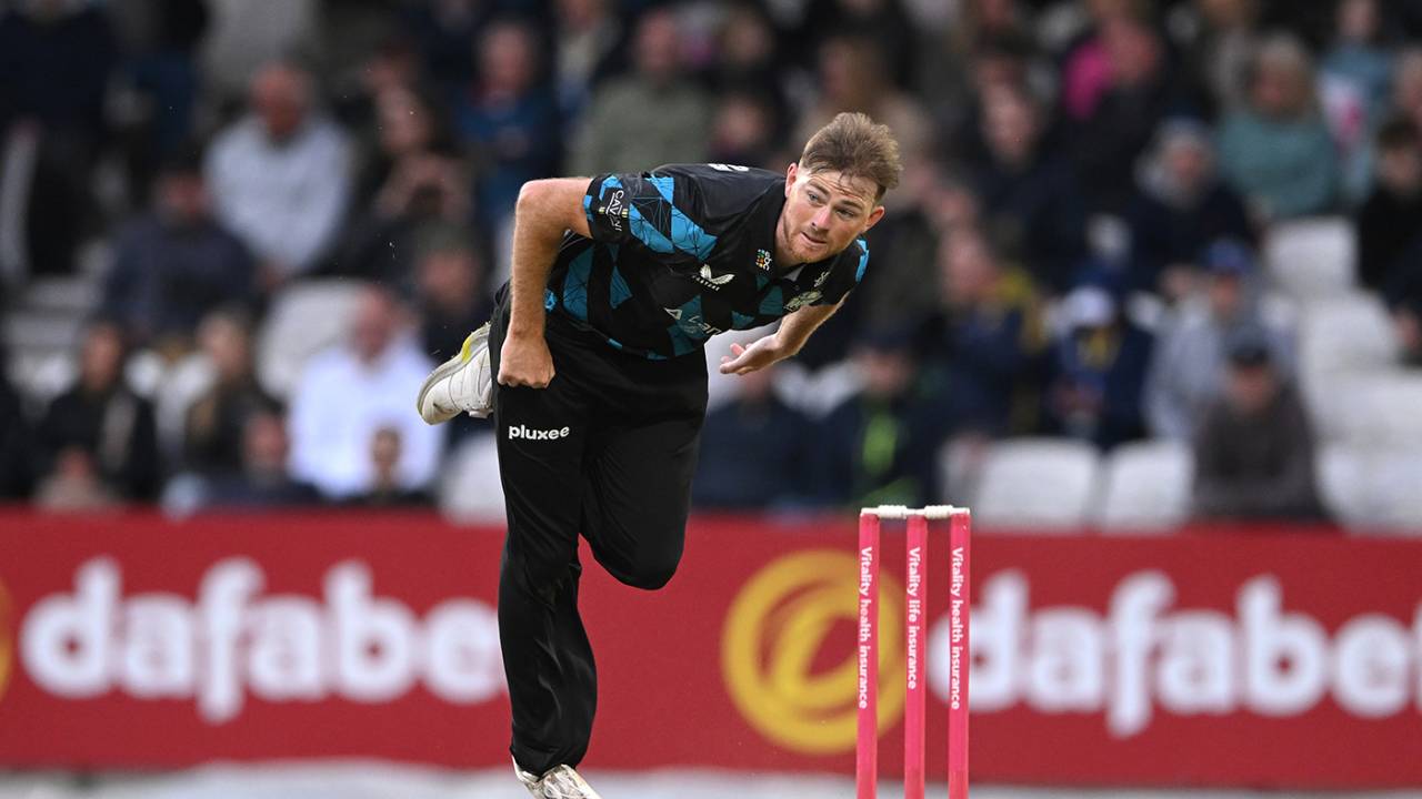 Tom Taylor in his follow through, Yorkshire Vikings v Worcestershire Rapids, Vitality Blast, Headingley, May 30, 2024

