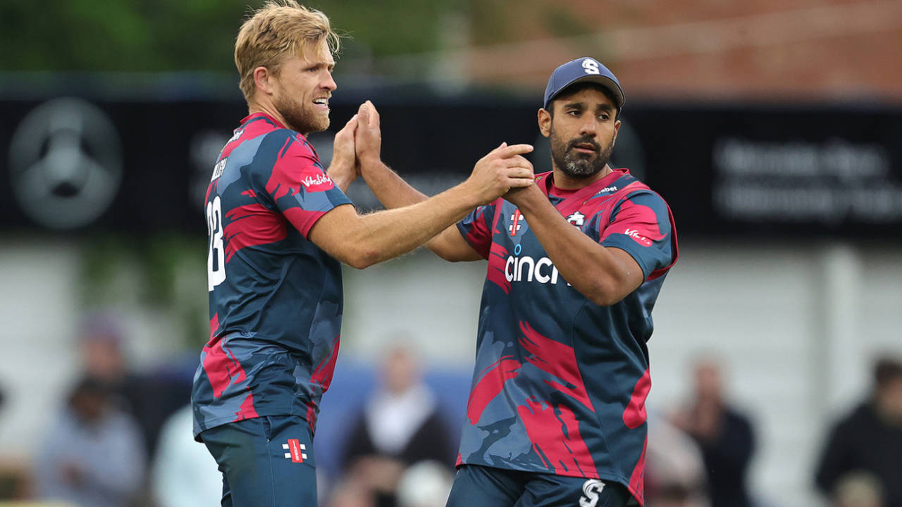 David Willey and Ravi Bopara celebrate the fall of a wicket, Northamptonshire Steelbacks vs Derbyshire Falcons, Vitality Blast, Wantage Road, May 30, 2024